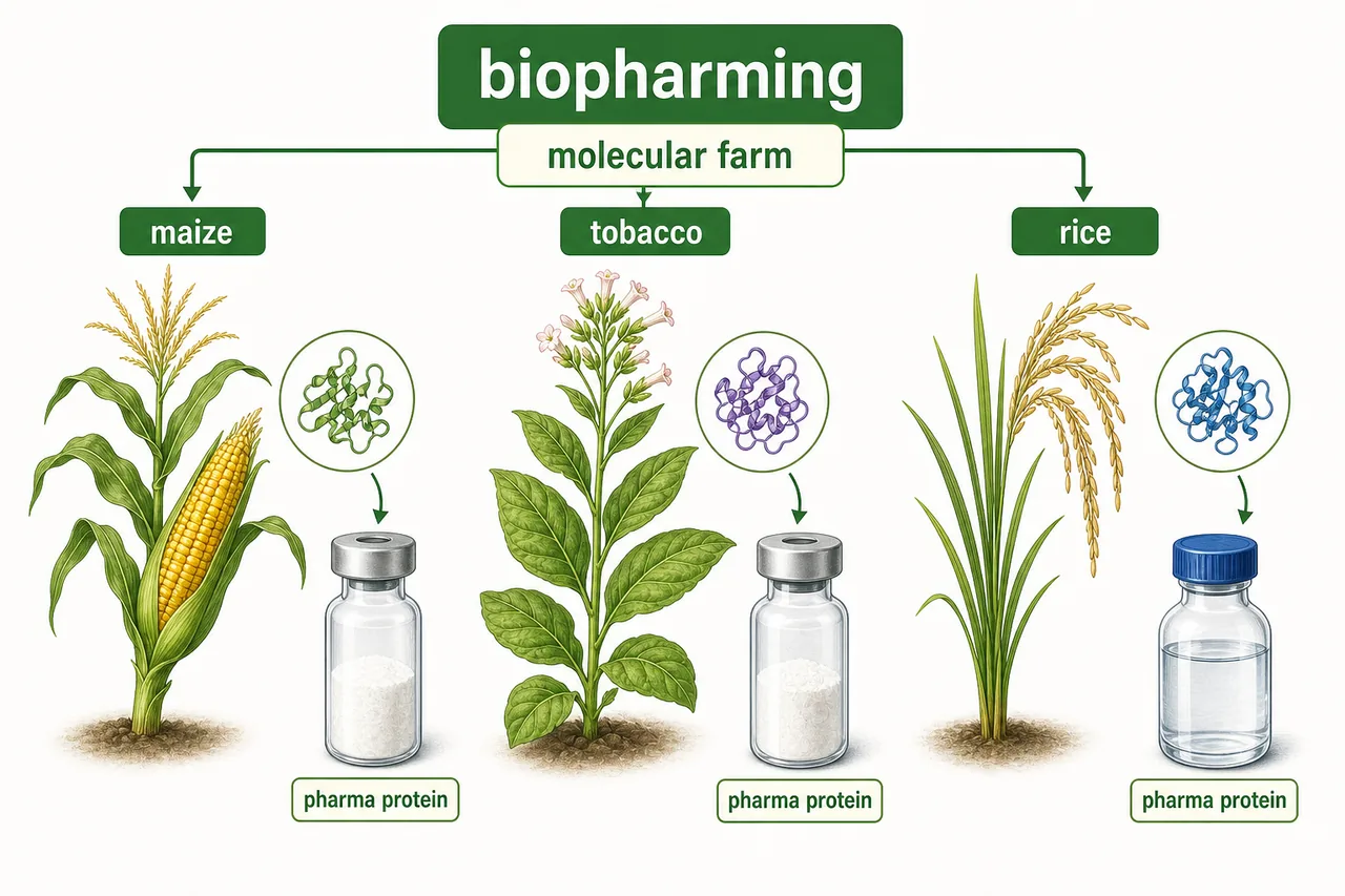 Biopharming board showing maize, tobacco, and rice used as molecular farms to produce pharmaceutical proteins