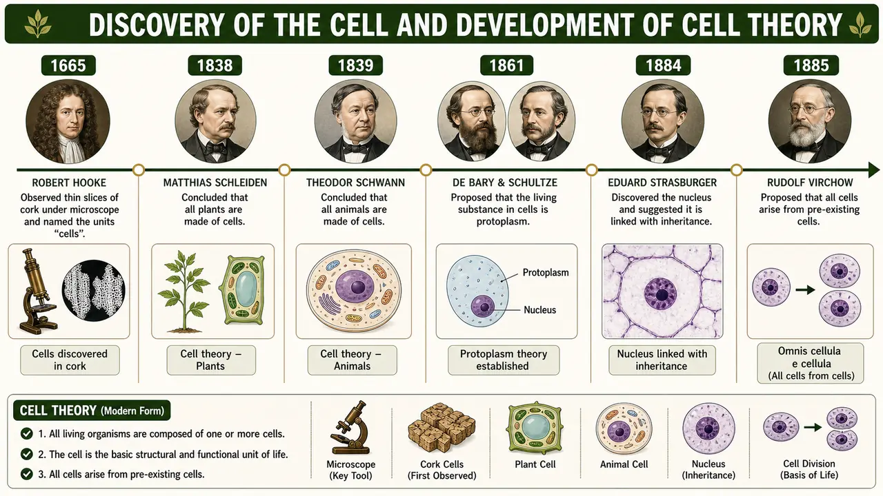 Timeline of cell discovery and cell theory showing Robert Hooke, Schleiden, Schwann, De Bary and Schultze, Strasburger, and Virchow with their major contributions