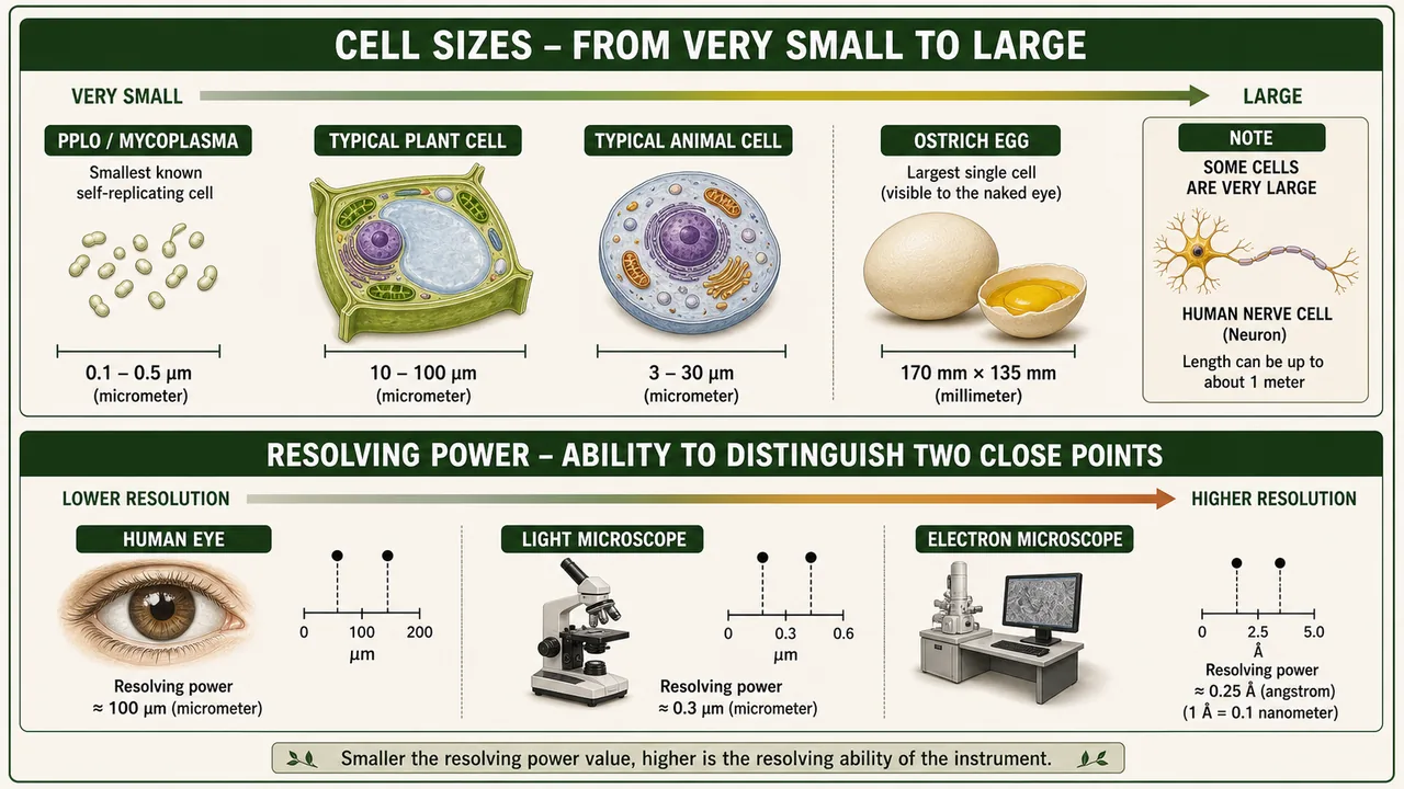 Comparison of cell sizes and microscope resolving power showing PPLO mycoplasma, typical plant and animal cells, ostrich egg, and resolution differences between human eye, light microscope, and electron microscope