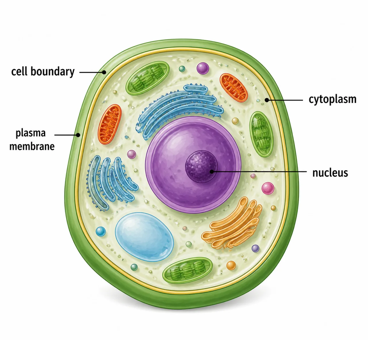 Educational diagram showing the three major structural parts of a eukaryotic cell: cell boundary, cytoplasm, and nucleus