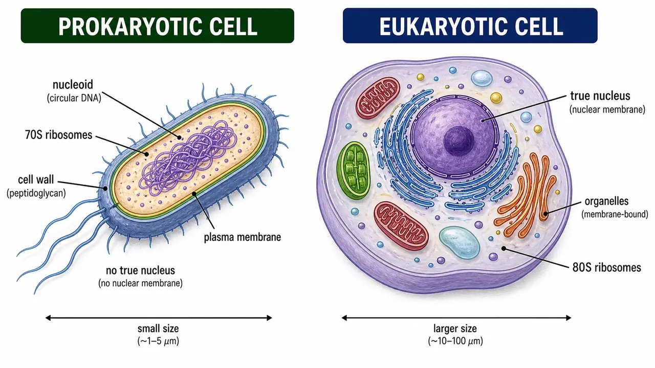 Side by side comparison of a prokaryotic cell and a eukaryotic cell showing nucleoid, true nucleus, ribosome type, organelles, and relative size
