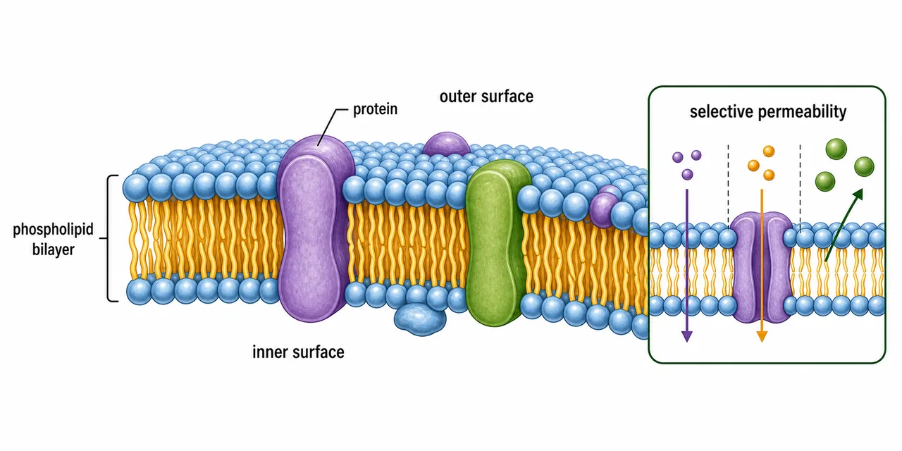 Plasma membrane diagram showing phospholipid bilayer, embedded proteins, inner and outer surfaces, and selective permeability through the membrane