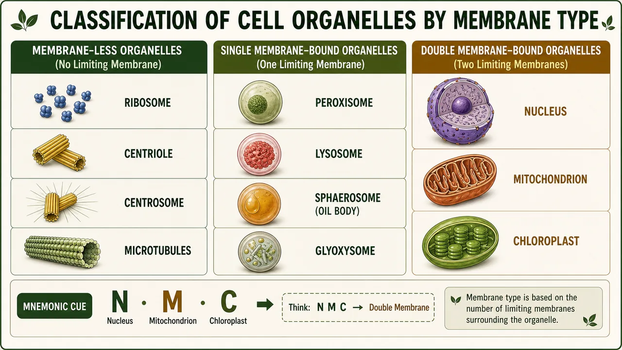 Classification of cell organelles by membrane type showing membrane-less organelles, single membrane-bound organelles, and double membrane-bound organelles with nucleus mitochondrion and chloroplast grouped as NMC