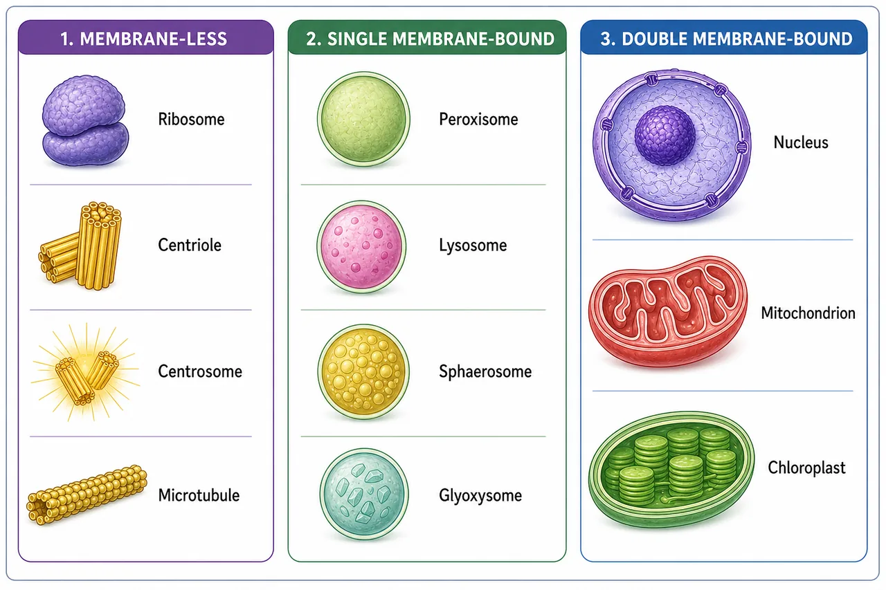 Classification of cell organelles into membrane-less, single membrane-bound, and double membrane-bound groups with typical examples used in plant cell biology