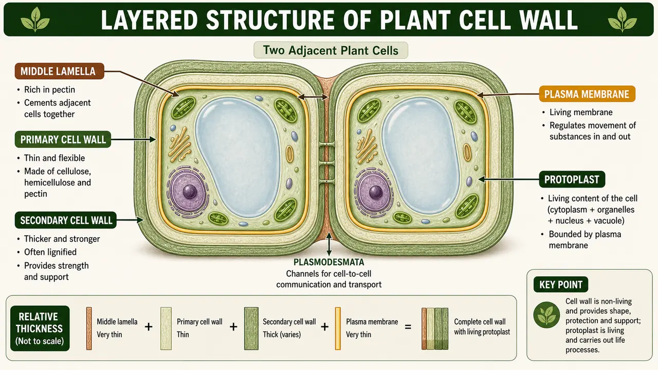 Layered structure of the plant cell wall showing middle lamella, primary cell wall, secondary cell wall, plasma membrane, and protoplast in two adjacent plant cells