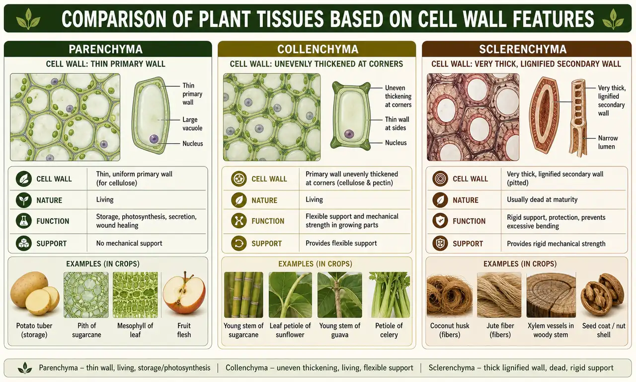 Comparison of parenchyma, collenchyma, and sclerenchyma based on cell wall thickness, living status, support function, and agricultural examples