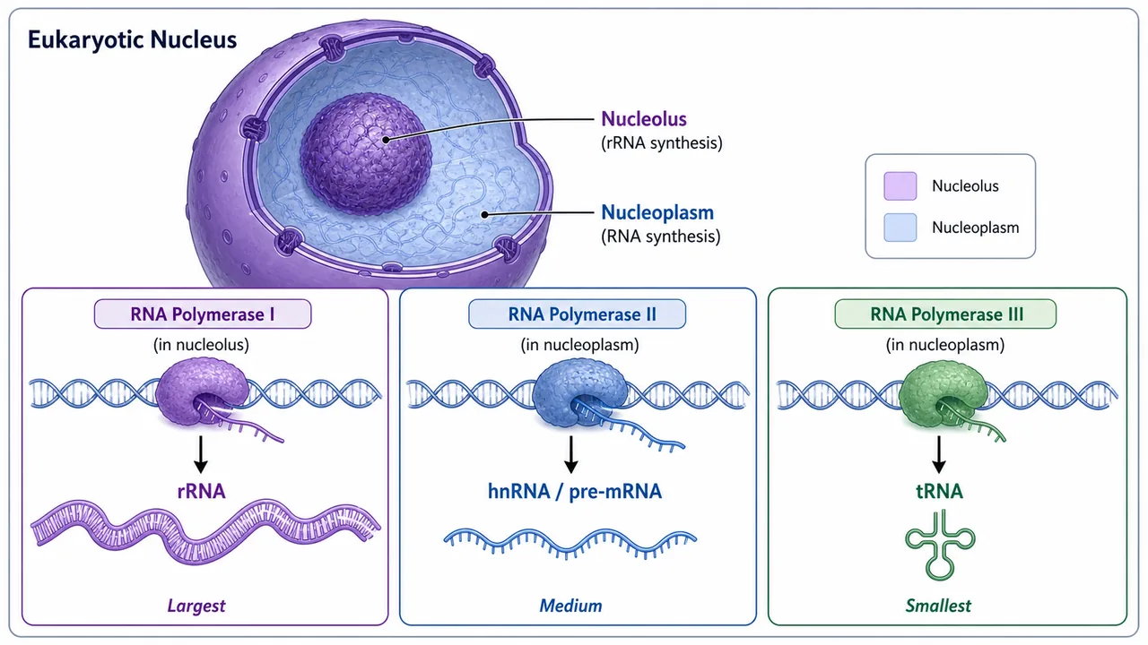 Eukaryotic RNA polymerase comparison showing Polymerase I in nucleolus making rRNA, Polymerase II in nucleoplasm making hnRNA or pre-mRNA, and Polymerase III making tRNA