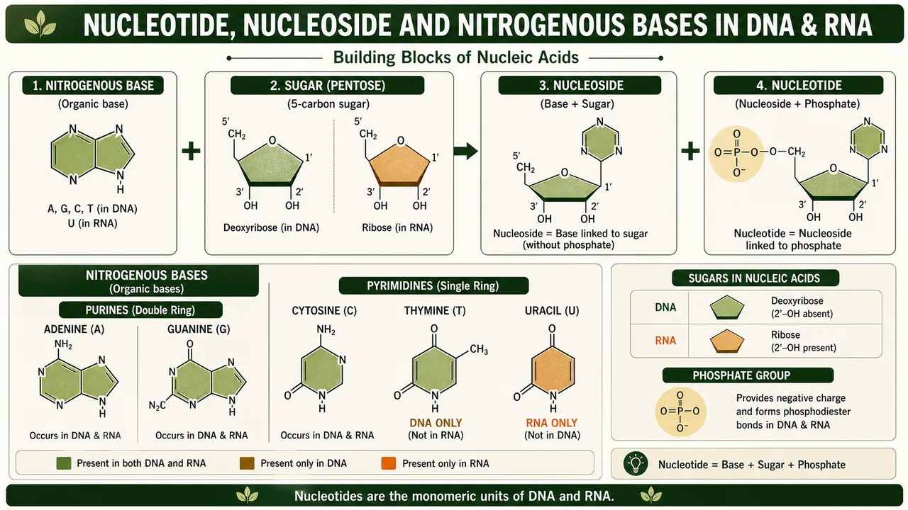 Nucleotide and nucleoside diagram showing base plus sugar equals nucleoside, nucleoside plus phosphate equals nucleotide, and classification of purines and pyrimidines in DNA and RNA