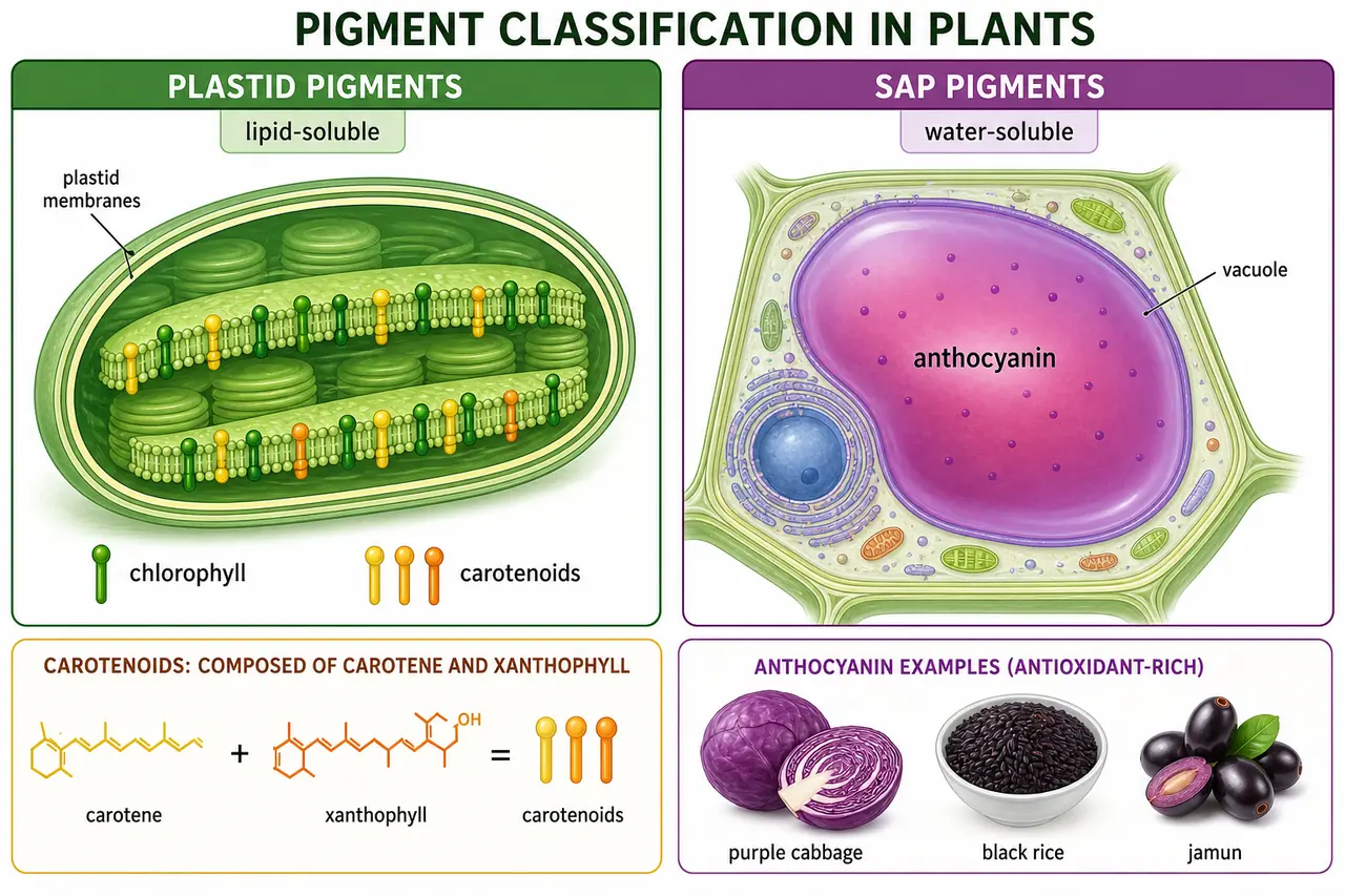 Plant pigment classification comparing plastid pigments in membranes with sap pigments in vacuoles and showing chlorophyll, carotenoids, and anthocyanin with crop examples