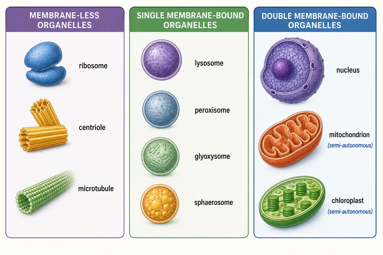 Comparison board classifying cell organelles into membrane-less, single membrane-bound, and double membrane-bound groups with representative examples