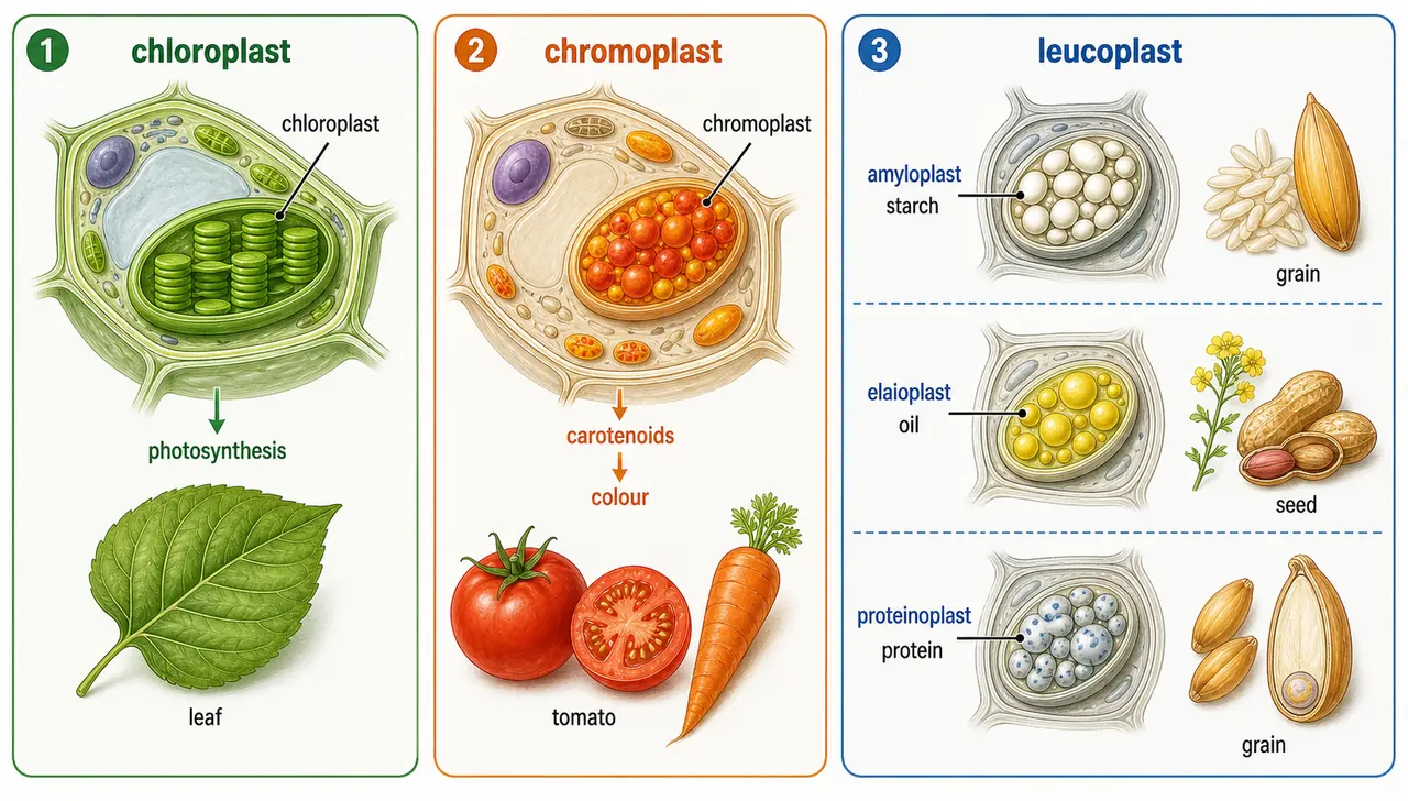 Teaching illustration comparing chloroplast, chromoplast, and leucoplast with amyloplast starch storage, elaioplast oil storage, and proteinoplast protein storage examples
