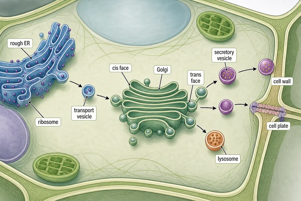 Workflow diagram showing rough endoplasmic reticulum sending transport vesicles to the Golgi, with vesicles leaving the trans face for secretion, cell plate formation, and lysosome production