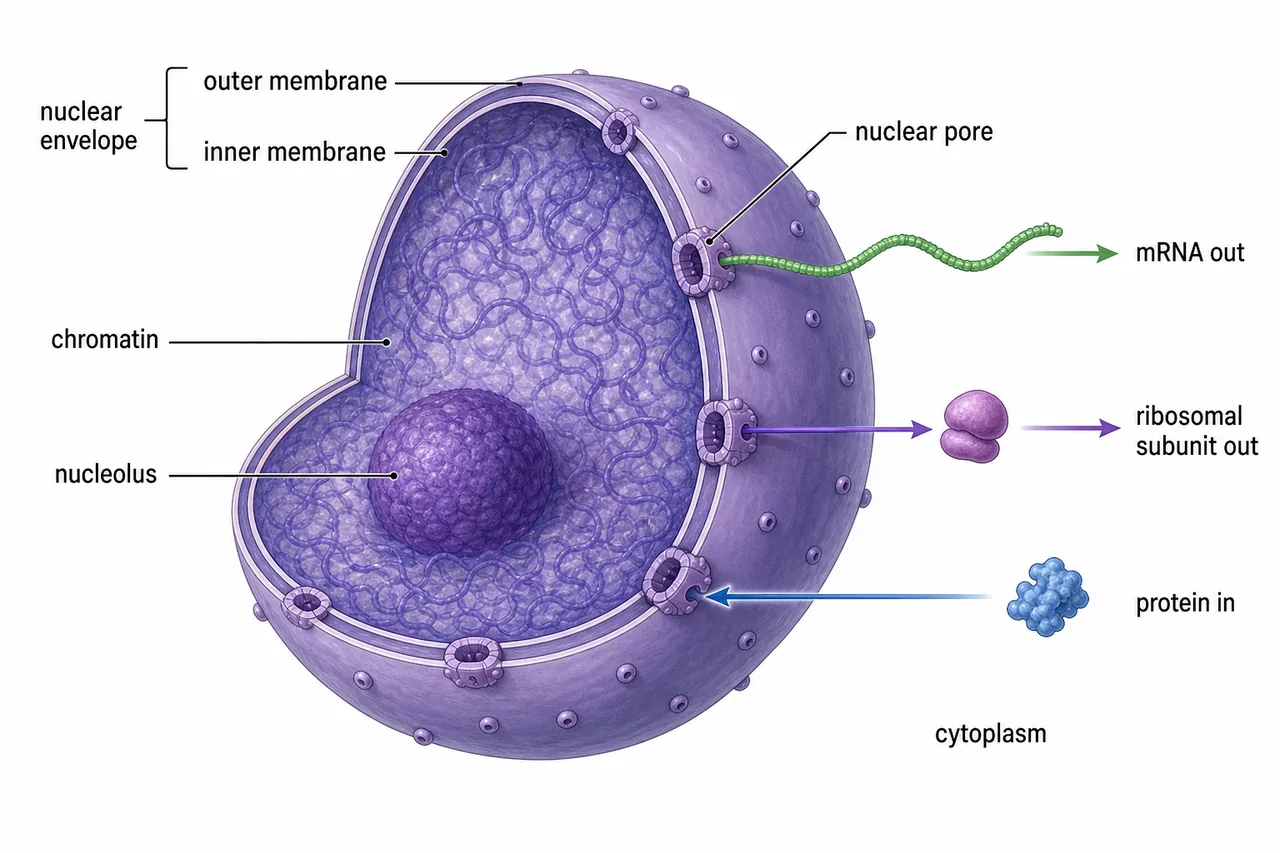 Educational diagram of the nuclear envelope showing double membranes, nuclear pores, and movement of mRNA, proteins, and ribosomal subunits between nucleus and cytoplasm