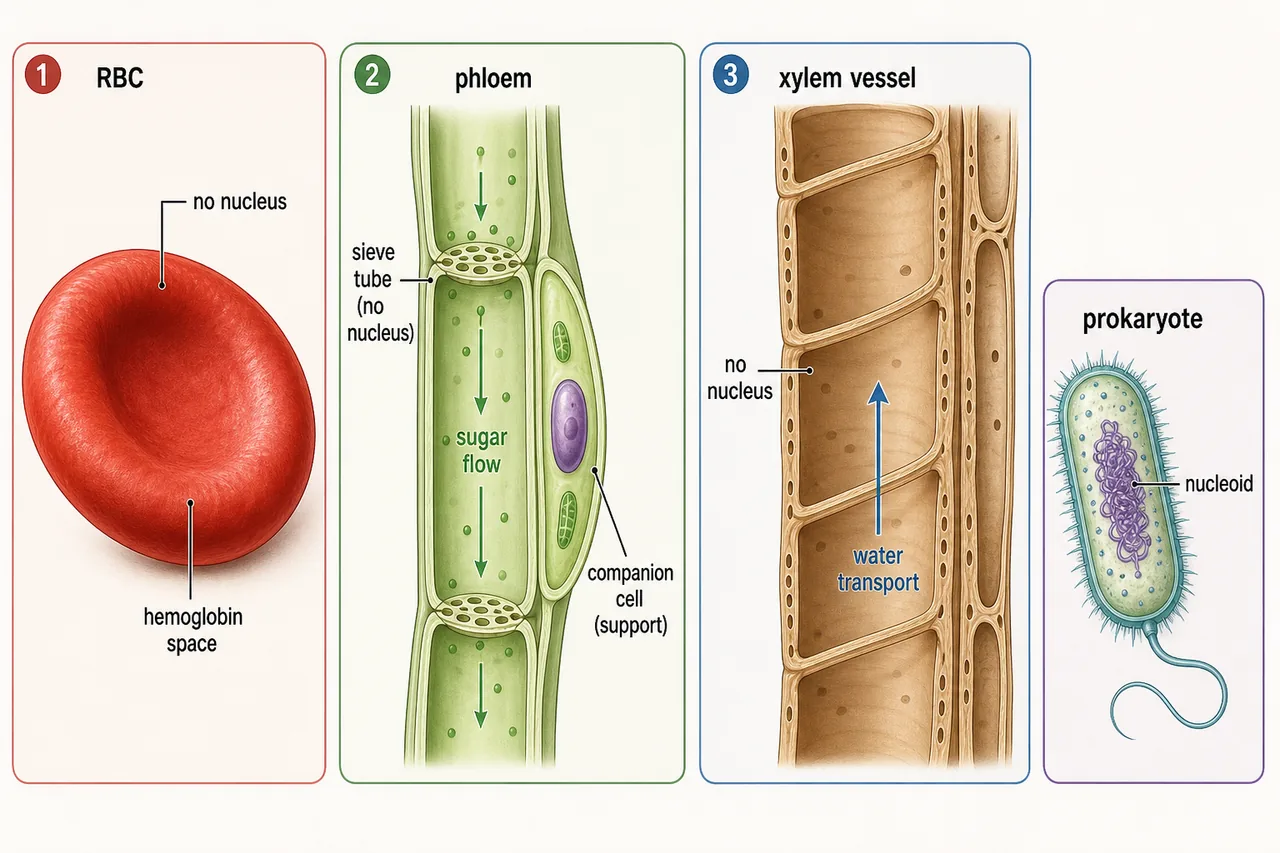 Comparison board showing mature red blood cell, phloem sieve tube with companion cell, xylem vessel, and prokaryote to explain where the nucleus is absent and the functional consequence