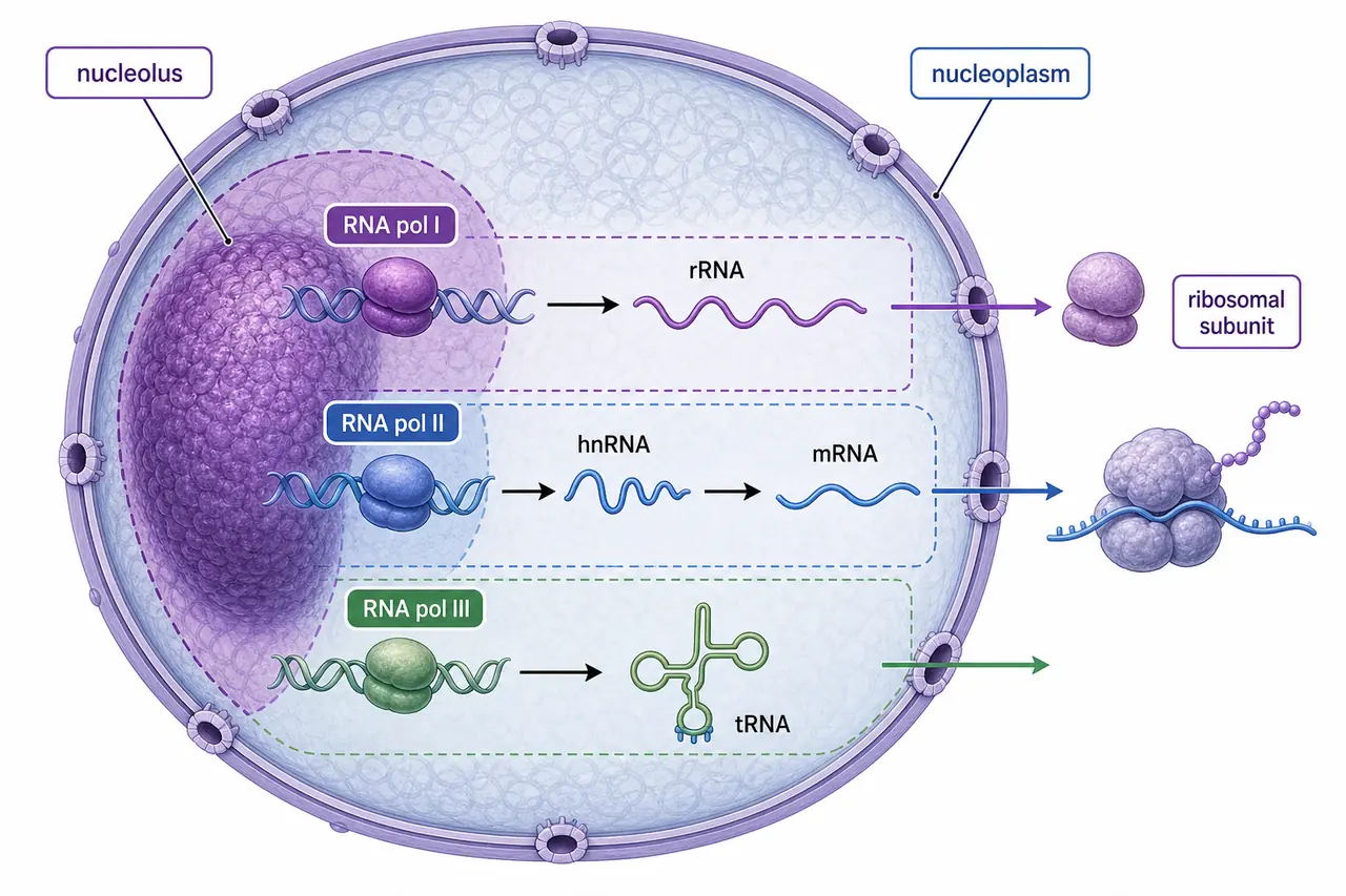 Teaching diagram of nucleolus and nucleoplasm showing RNA polymerase I producing rRNA, RNA polymerase II producing hnRNA to mRNA, and RNA polymerase III producing tRNA