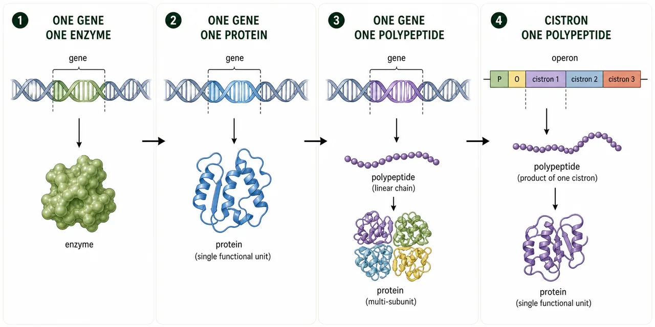 Evolution of gene concept from one gene one enzyme to one cistron one polypeptide shown as a stepwise molecular biology progression