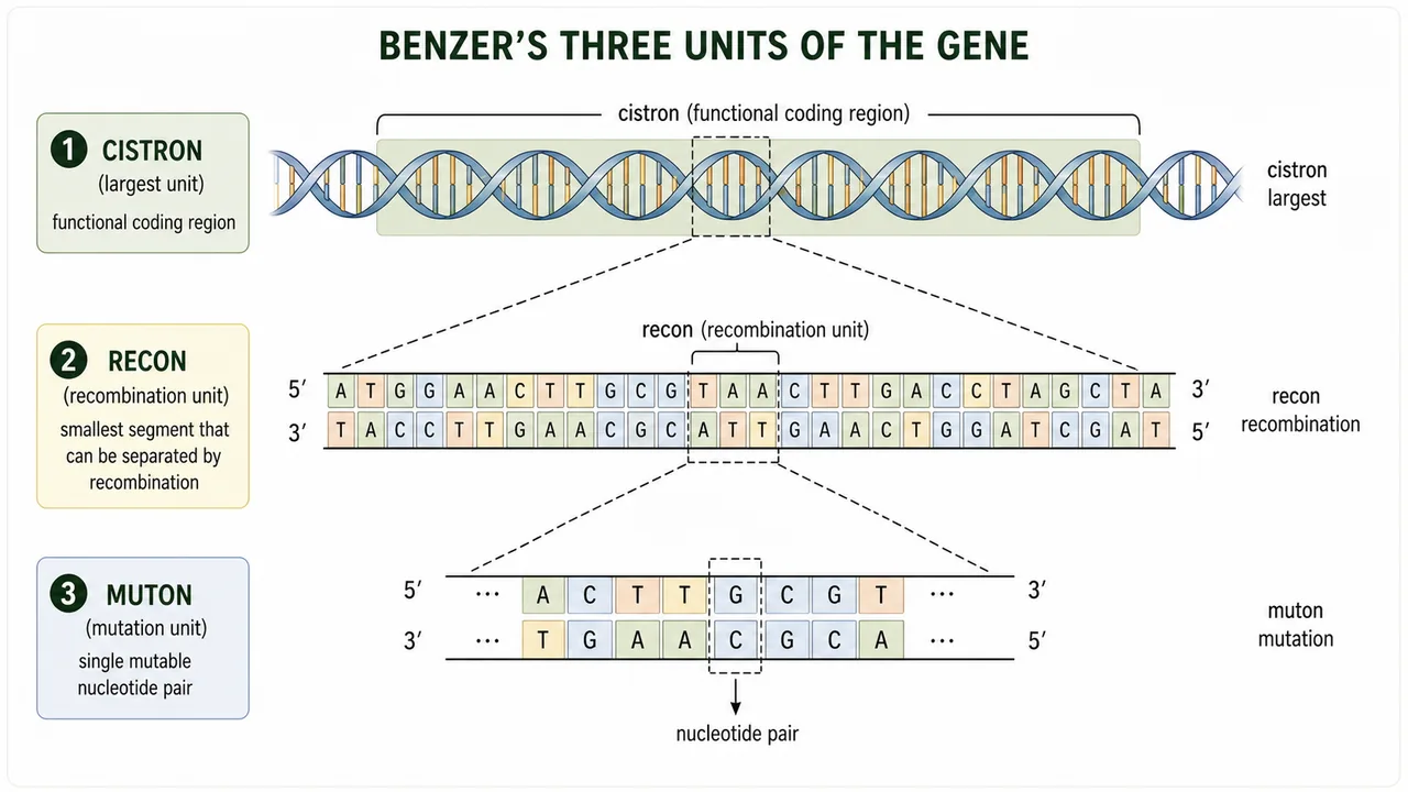 Benzer's three units of the gene showing cistron as the large functional unit, recon as the smallest recombination unit, and muton as the smallest mutation unit on a DNA segment