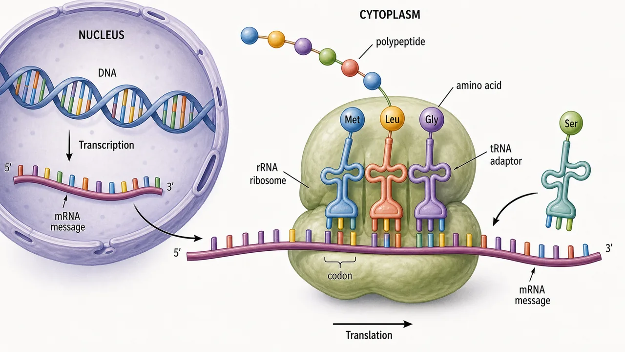 Roles of mRNA, tRNA, and rRNA in protein synthesis showing transcription, ribosome function, codon-anticodon matching, and polypeptide formation