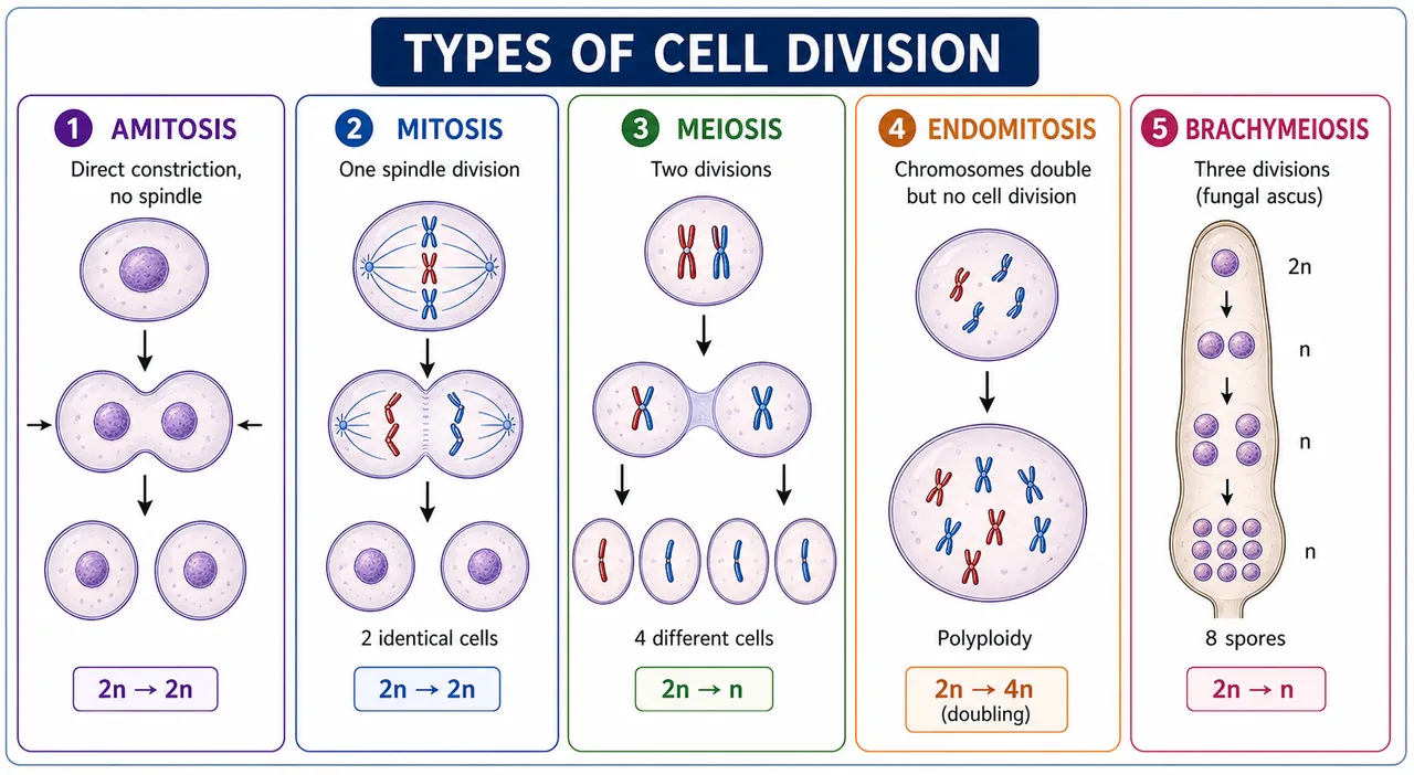 Comparison of amitosis, mitosis, meiosis, endomitosis, and brachymeiosis showing their division pattern and chromosome outcome in cell biology