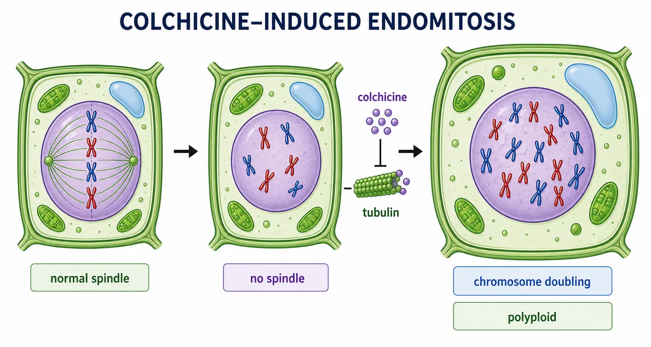Colchicine-induced endomitosis process showing spindle blockage by tubulin binding, chromosome doubling, and formation of a polyploid cell