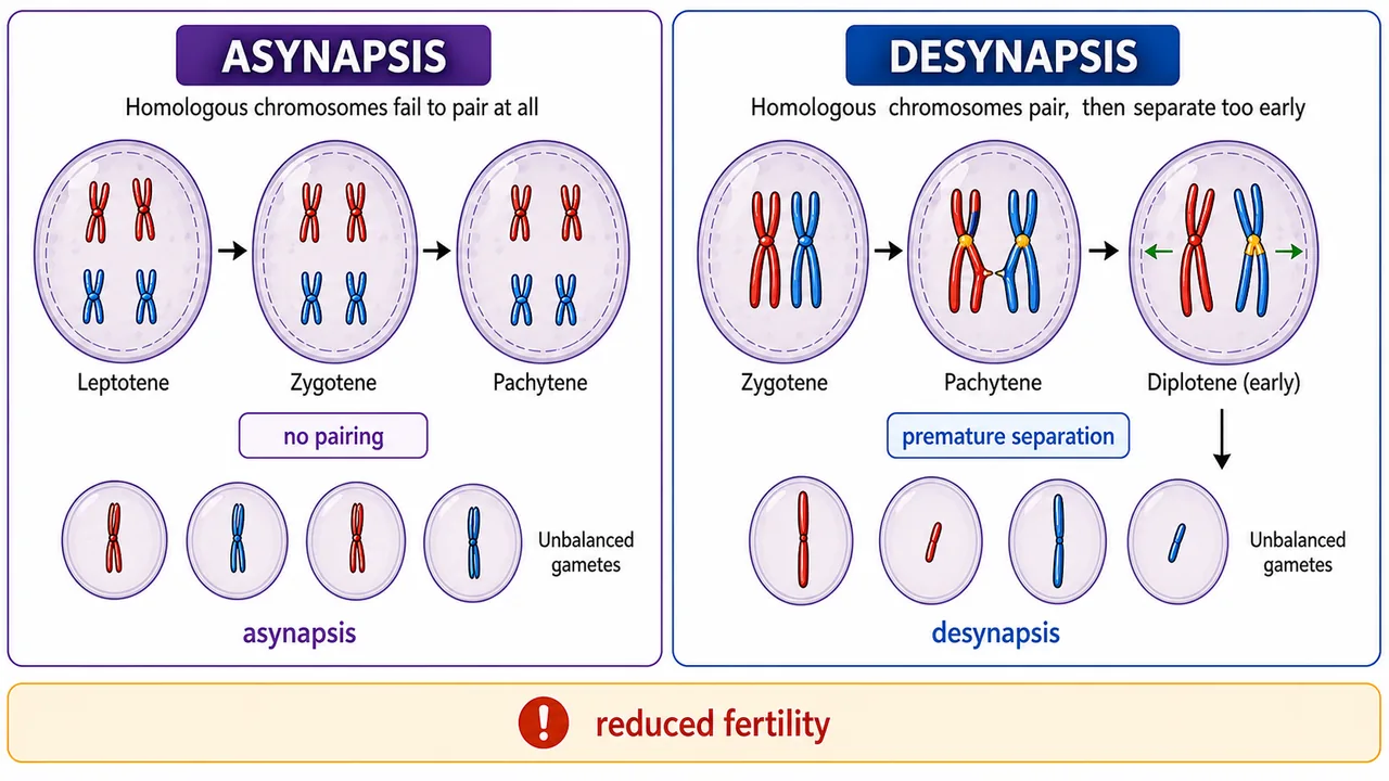Asynapsis versus desynapsis comparison showing no pairing of homologous chromosomes in one case and premature separation after pairing in the other