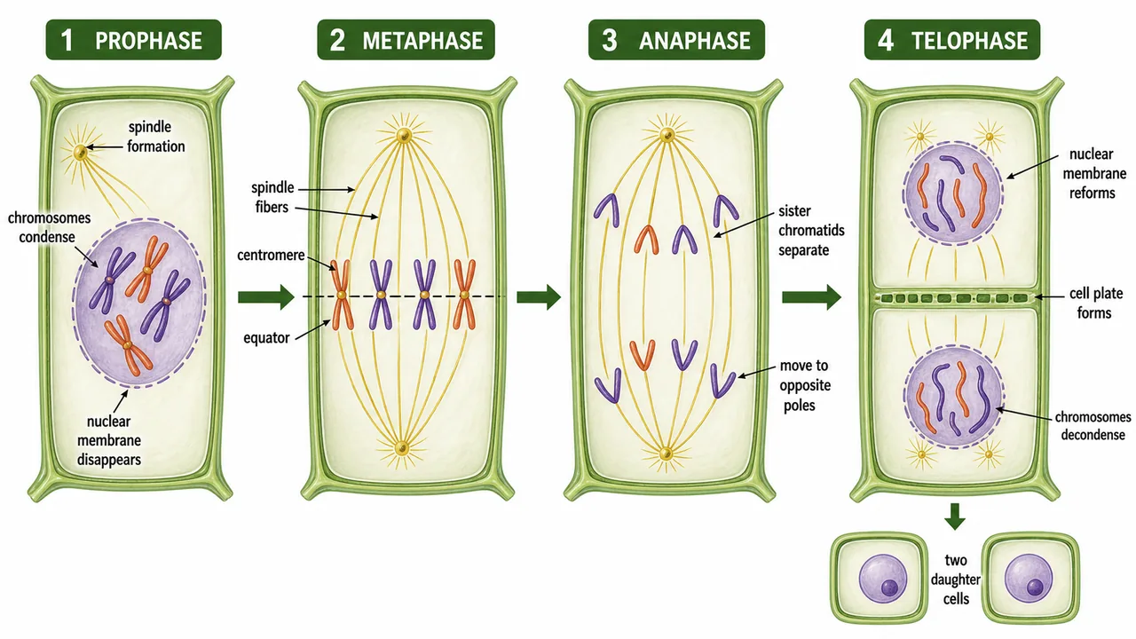 PMAT karyokinesis workflow in mitosis showing prophase, metaphase, anaphase, and telophase in a plant cell