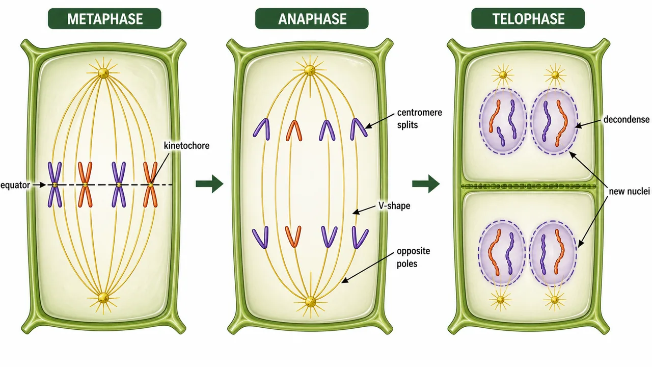 Chromosome behavior in mitosis from metaphase to telophase showing equatorial alignment, centromere splitting, V-shaped movement, and nuclear reformation