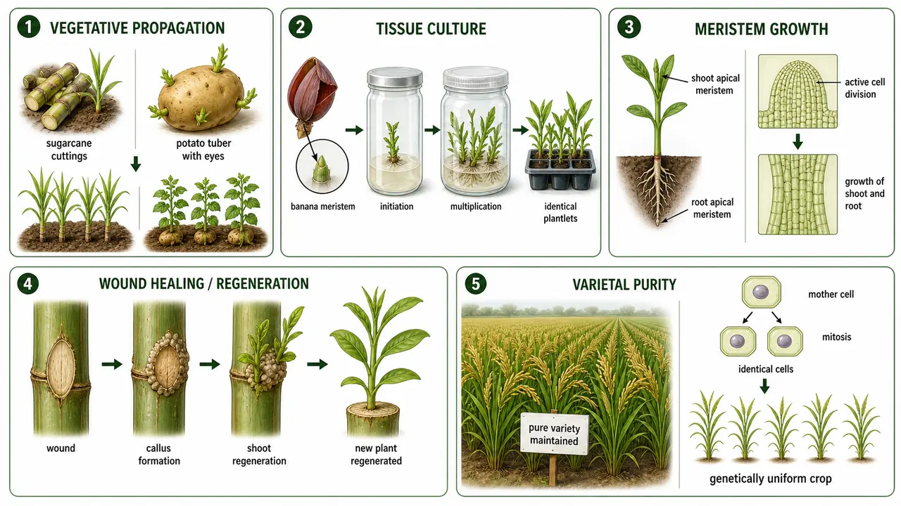 Agricultural significance of mitosis showing vegetative propagation, banana tissue culture, meristem growth, wound healing, and varietal purity