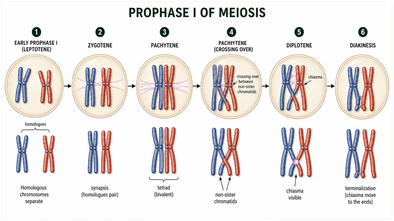 Flow of prophase I events from synapsis in zygotene to crossing over in pachytene, chiasma in diplotene, and terminalization in diakinesis