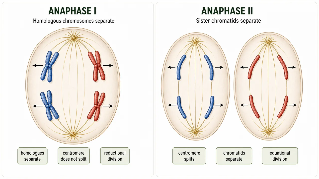 Comparison of anaphase I and anaphase II showing homologous chromosome separation with intact centromeres versus sister chromatid separation after centromere split