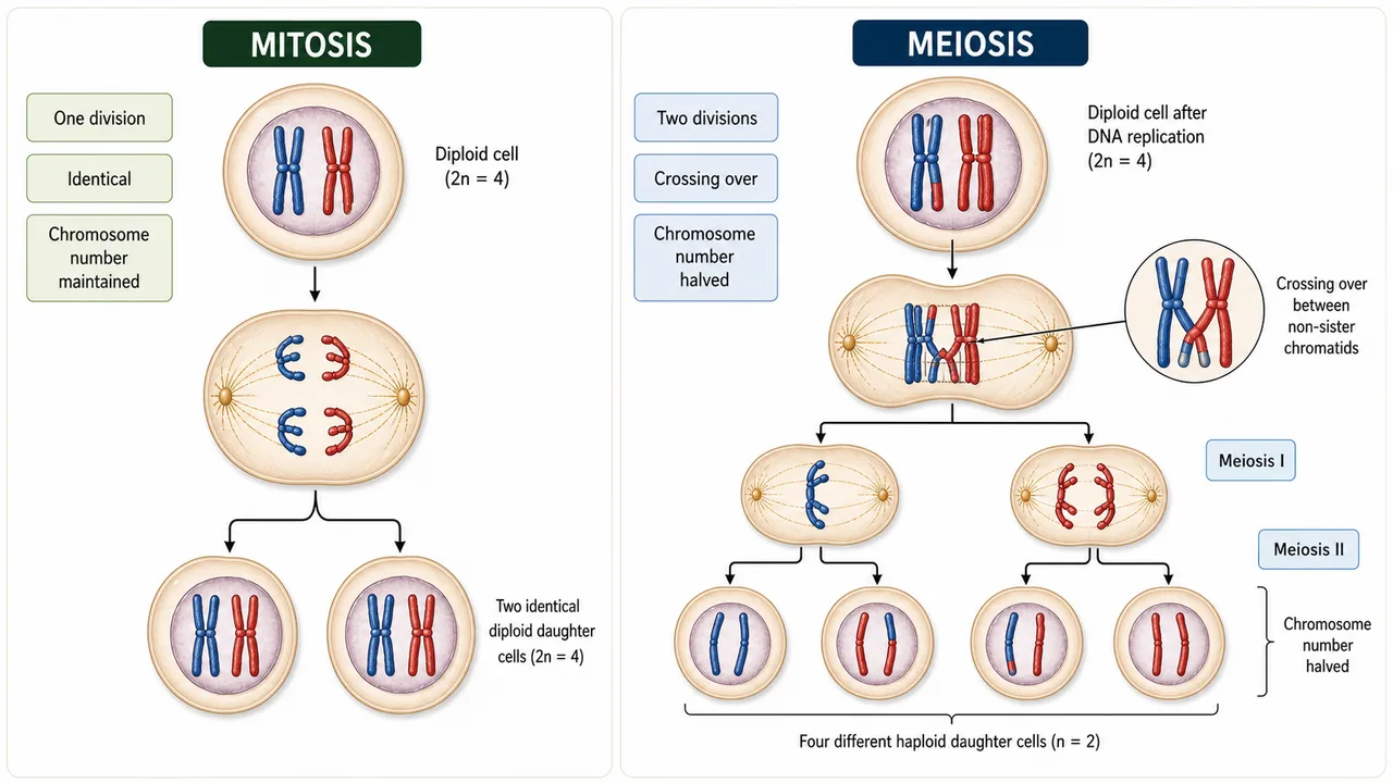 Comparison of mitosis and meiosis outcomes showing one diploid cell forming two identical diploid cells versus four genetically different haploid cells
