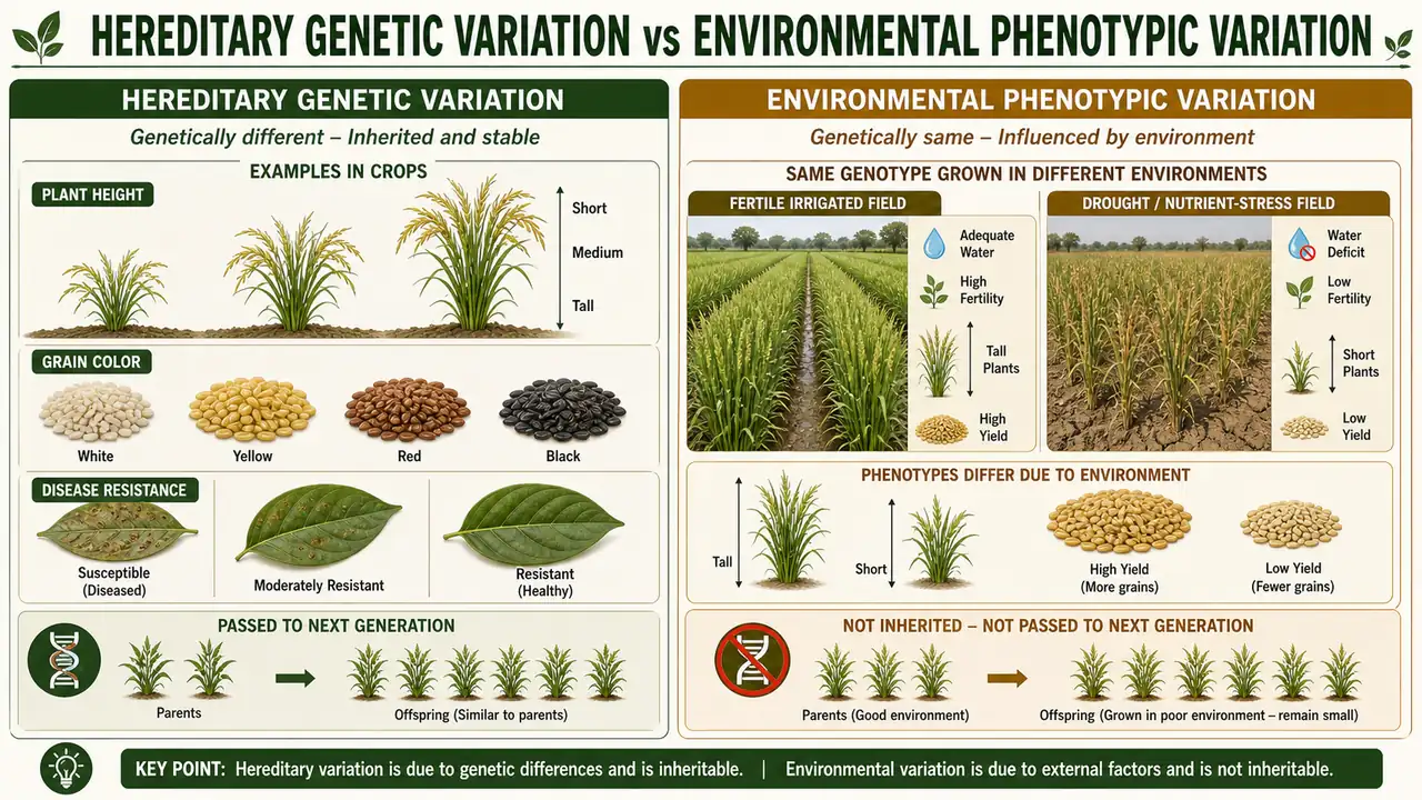 Comparison of hereditary genetic variation and environmental phenotypic variation in crops showing inherited differences like grain color and disease resistance versus the same genotype expressing differently under fertile and drought conditions
