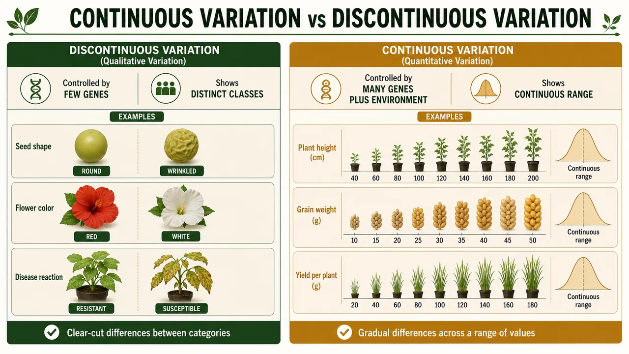 Continuous versus discontinuous variation in genetics showing distinct qualitative classes like round and wrinkled seed versus quantitative ranges in plant height grain weight and yield