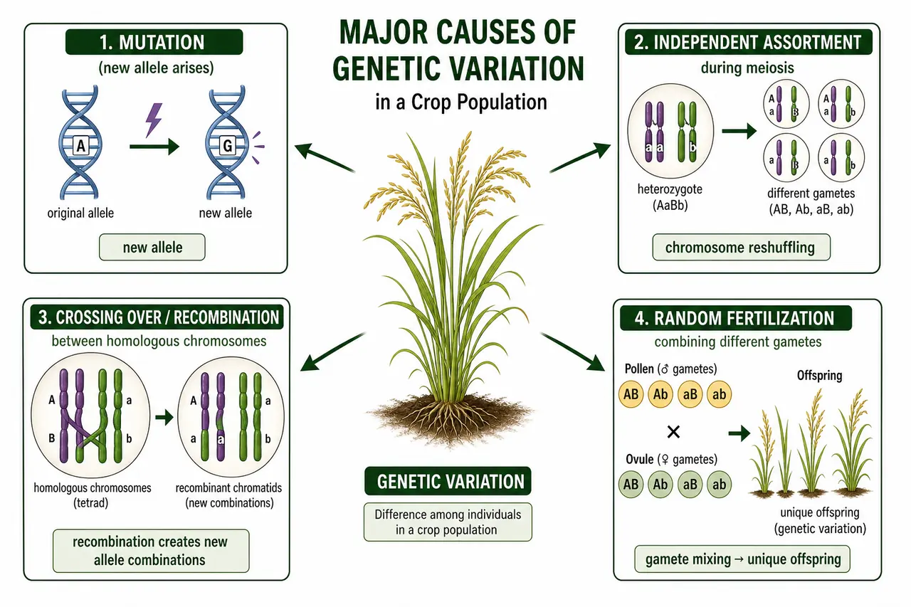 Causes of genetic variation in crops showing mutation, independent assortment, crossing over recombination, and random fertilization creating unique offspring