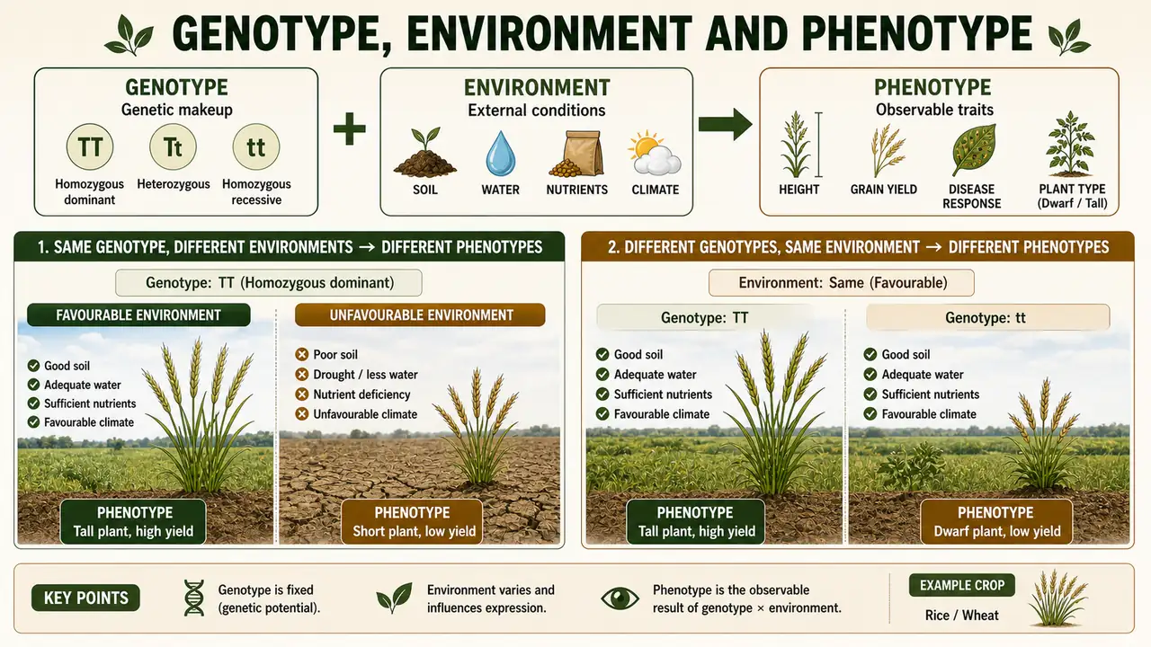 Genotype environment and phenotype relationship in crops showing genetic makeup plus soil water nutrients and climate determining observable traits such as height yield and disease response