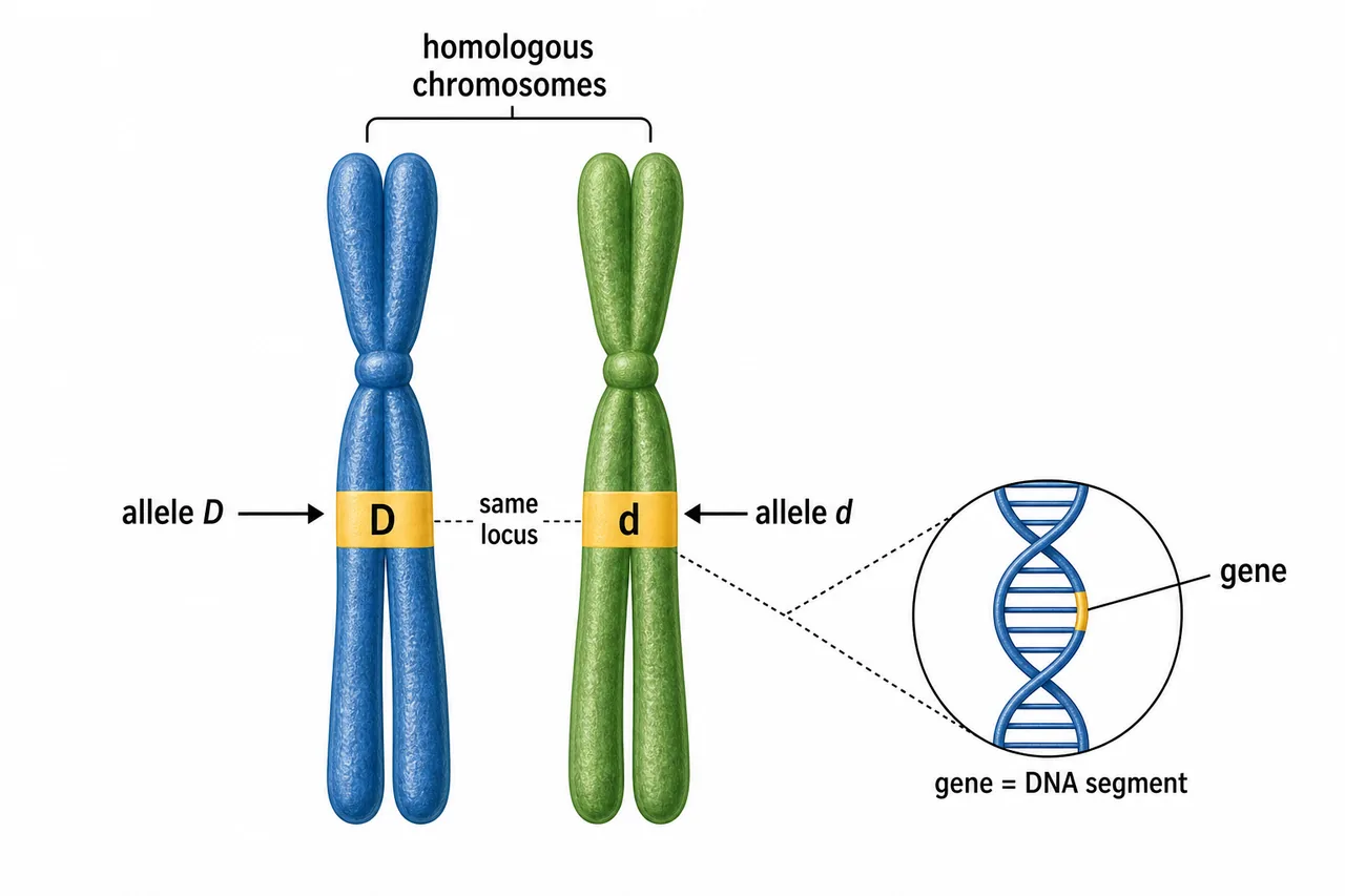 Gene and allele logic diagram showing a DNA segment as a gene and alternative alleles at the same locus on homologous chromosomes