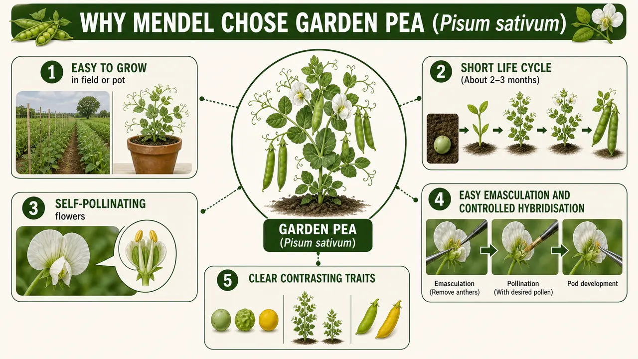 Why Mendel chose garden pea showing easy cultivation, short life cycle, self-pollination, easy emasculation and hybridisation, and clearly contrasting traits