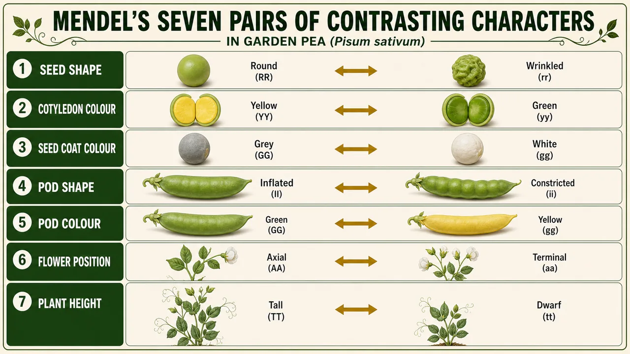 Mendel's seven contrasting characters in garden pea showing dominant and recessive forms for seed shape, cotyledon colour, seed coat colour, pod shape, pod colour, flower position, and plant height