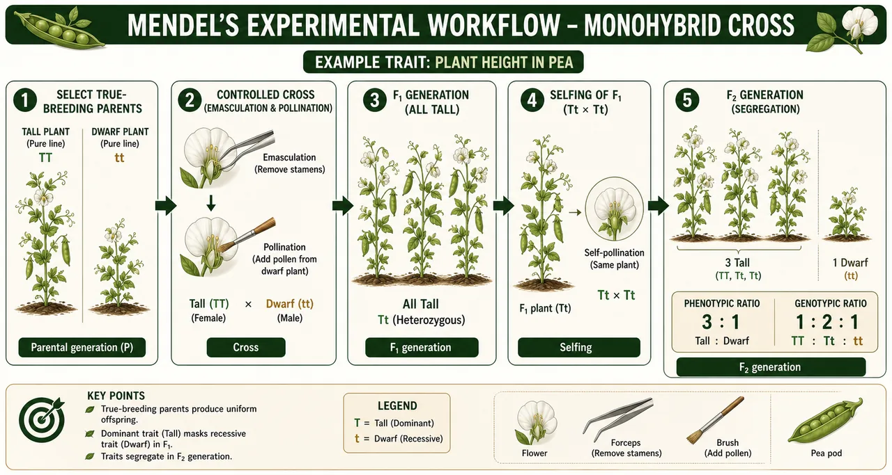 Mendel's monohybrid experiment workflow showing true-breeding tall and dwarf parents, controlled crossing, uniform F1 tall plants, selfing of F1, and F2 segregation into 3 tall and 1 dwarf