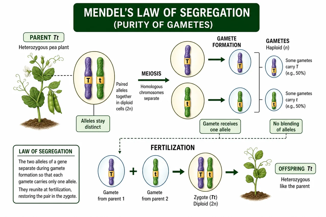 Law of segregation diagram showing a heterozygous Tt parent, separation of T and t during meiosis, one allele per gamete, and restoration of the pair after fertilization