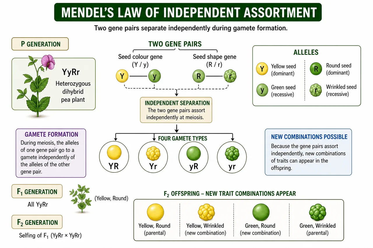 Law of independent assortment board showing YyRr dihybrid plant producing YR, Yr, yR, and yr gametes and creating new trait combinations in F2