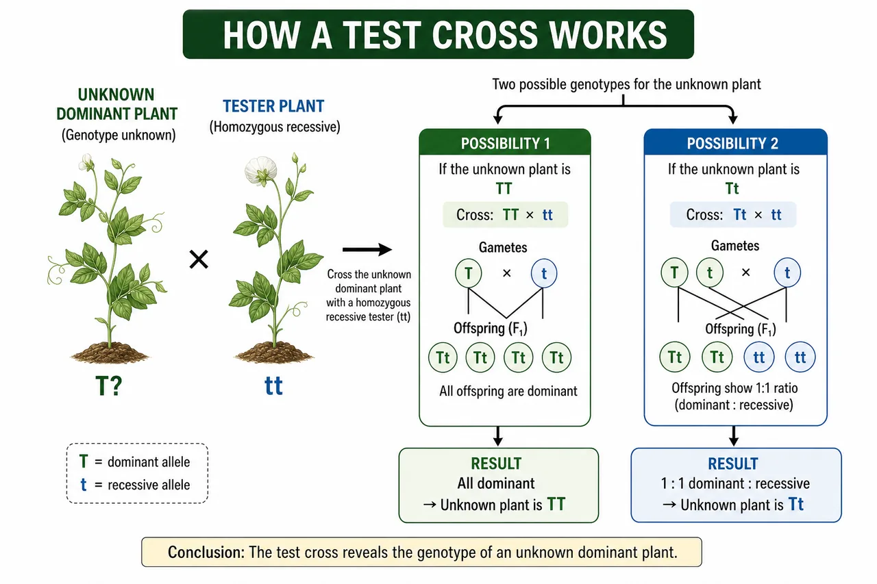 Test cross decision diagram showing unknown dominant plant crossed with recessive tester tt, with all dominant offspring indicating TT and a 1 to 1 ratio indicating Tt
