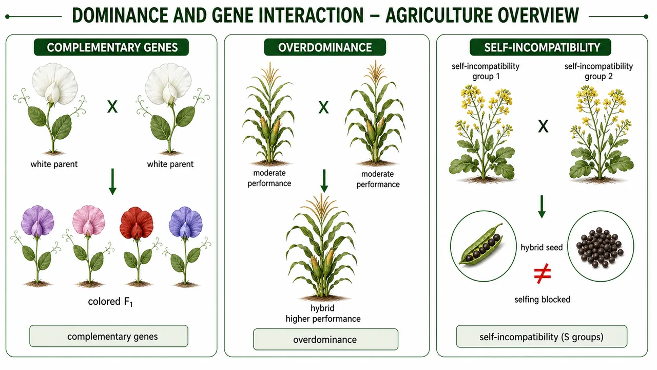 Agriculture genetics overview showing complementary genes in sweet pea, overdominance in maize hybrids, and self-incompatibility used for hybrid seed production