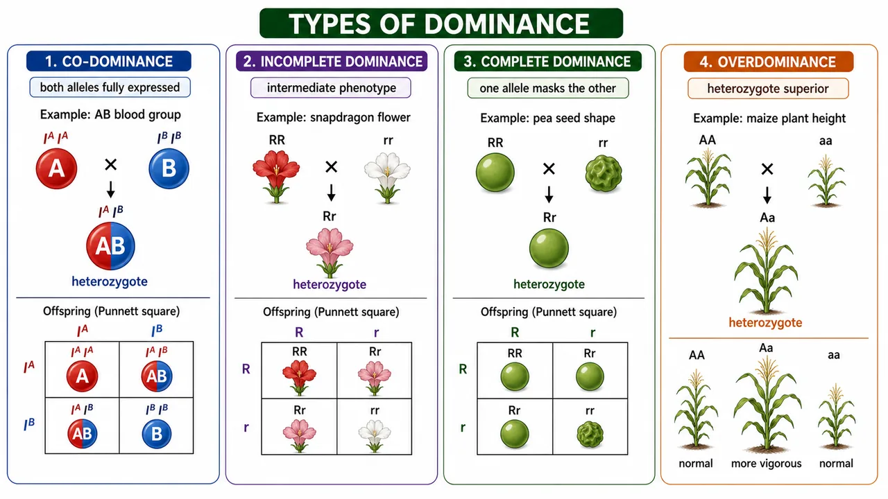 Comparison of co-dominance, incomplete dominance, complete dominance, and overdominance with simple genotype and phenotype examples
