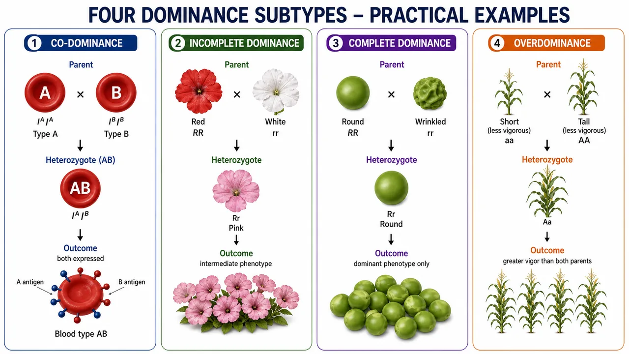 Practical examples of co-dominance, incomplete dominance, complete dominance, and overdominance shown as parent to heterozygote outcome panels