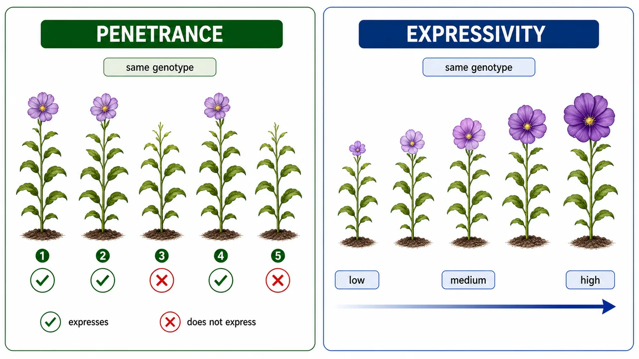 Comparison of penetrance and expressivity showing same genotype with some individuals not expressing a trait versus all individuals expressing it at different intensities