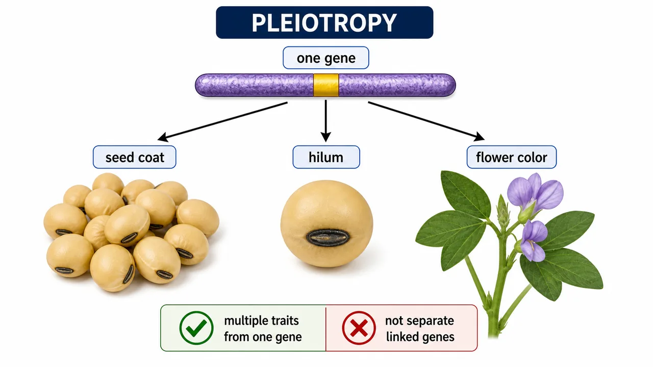 Pleiotropy diagram showing one soybean gene affecting seed coat color, hilum appearance, and flower color