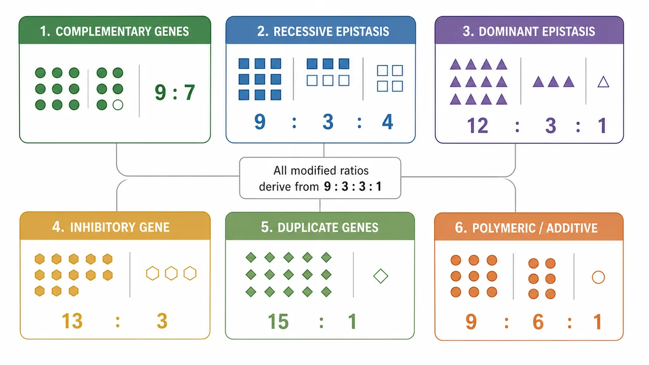 Modified dihybrid ratio summary showing complementary genes 9 to 7, recessive epistasis 9 to 3 to 4, dominant epistasis 12 to 3 to 1, inhibitory gene 13 to 3, duplicate genes 15 to 1, and polymeric additive 9 to 6 to 1