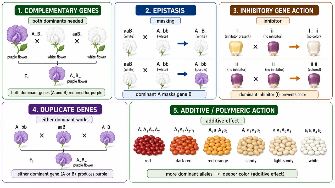 Gene interaction mechanisms showing complementary genes, epistasis, inhibitory gene action, duplicate genes, and additive polymeric action with simple phenotype panels