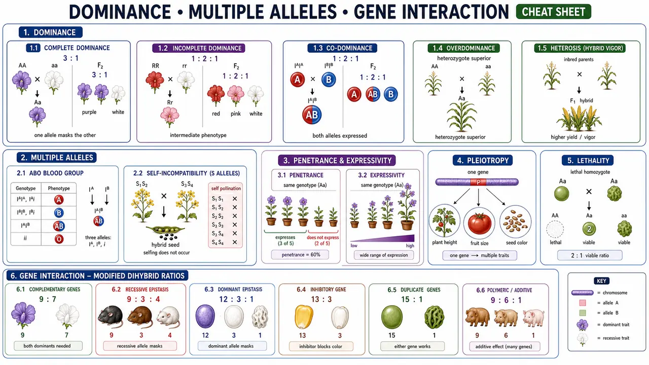 Cheat sheet covering dominance types, multiple alleles, self-incompatibility, penetrance, expressivity, pleiotropy, lethality, and modified dihybrid ratios